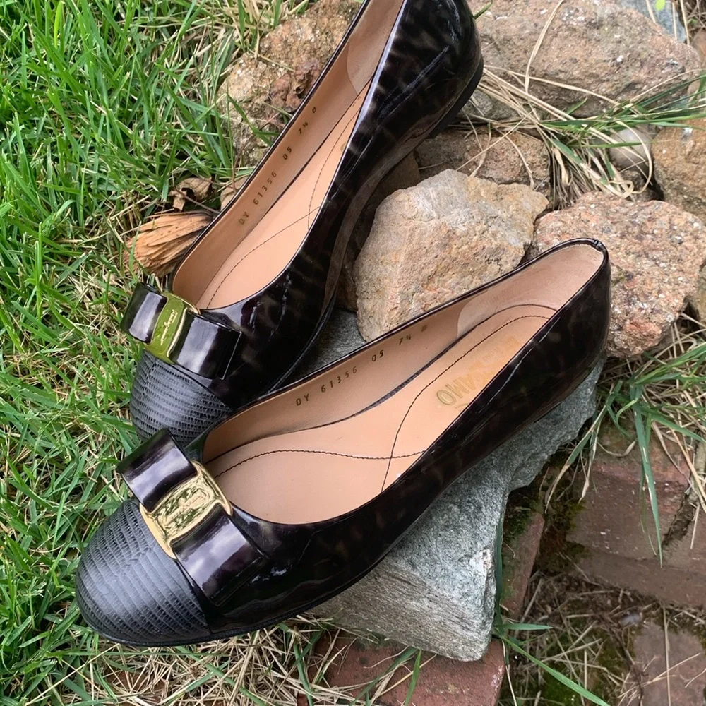 FERRAGAMO Tortoise/Animal Patent & Lizard Embossed cap Ballerina Flat sz… - Picture 3 of 14